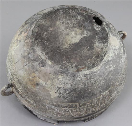 A Chinese archaic bronze flat-bottomed vessel, Eastern Zhou dynasty, 5th-4th century B.C., 31cm wide, losses